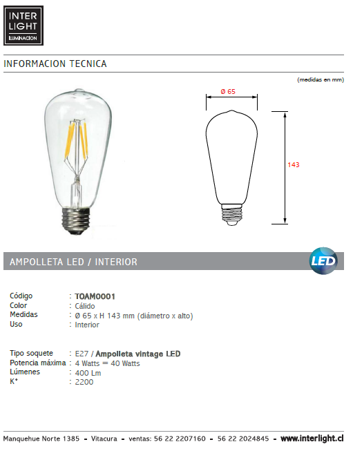 Ampolleta transparente vintage luz cálida LED 4W E27 - TOAM0001
