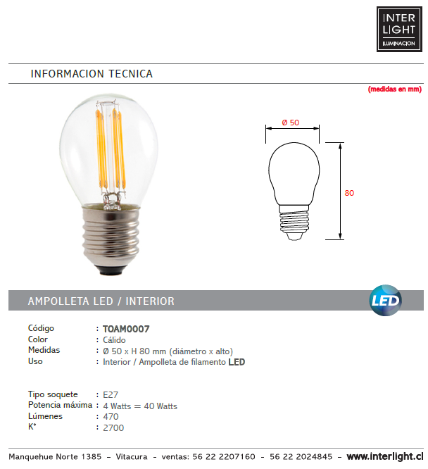 Ampolleta transparente vintage luz cálida LED 4W E27 - TOAM0007