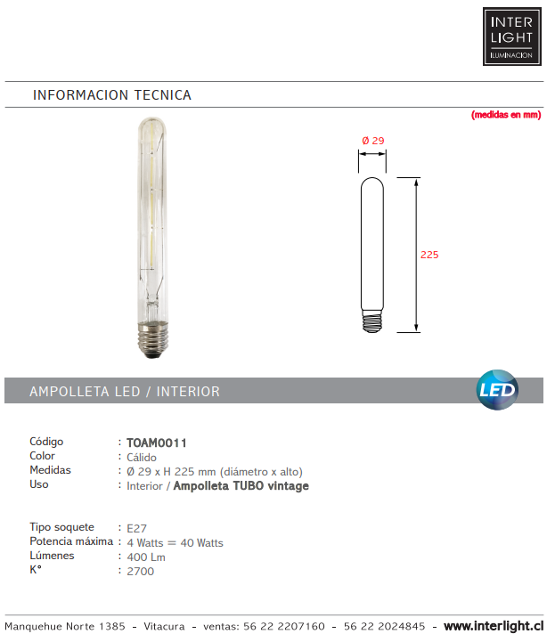 Ampolleta tipo tubo calida Ø2,9x22,5 E27 - TOAM0011