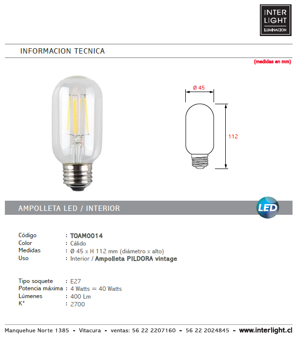 Ampolleta transparente pildora vintage luz cálida LED 4W E27 - TOAM0014