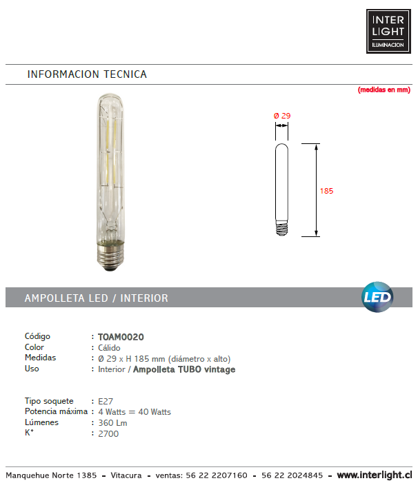 Ampolleta transparente tubo vintage luz cálida LED 4W E27 - TOAM0020