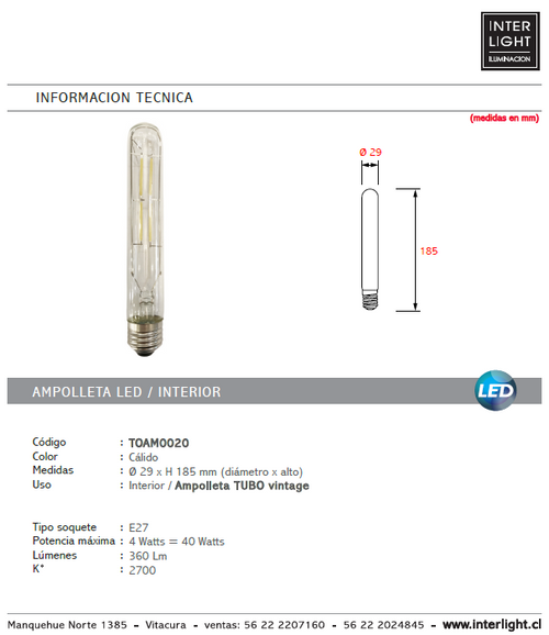 Ampolleta transparente tubo vintage luz cálida LED 4W E27 - TOAM0020