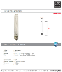 Ampolleta tubo vintage luz cálida LED 4W E27 - TOAM0020