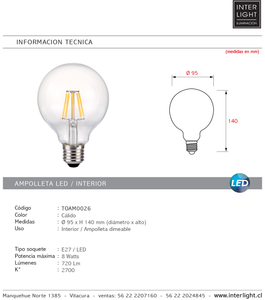 Ampolleta vintage luz cálida LED 8W E27 - TOAM0026