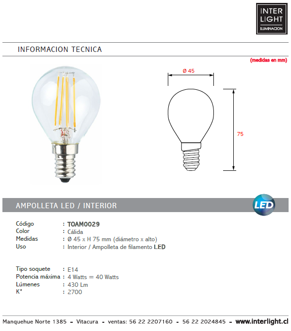 Ampolleta transparente vintage luz cálida LED 4W E14 - TOAM0029