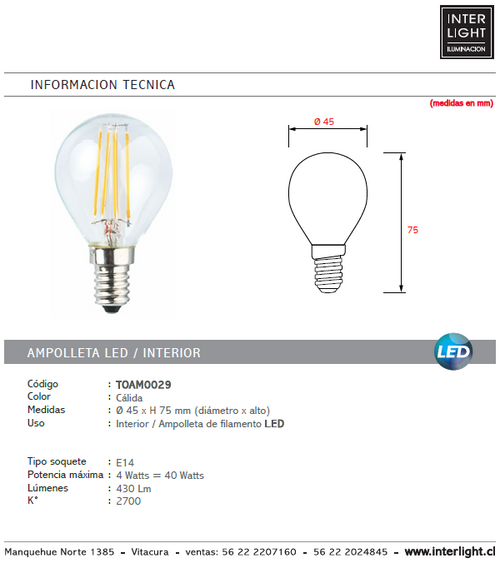 Ampolleta transparente vintage luz cálida LED 4W E14 - TOAM0029