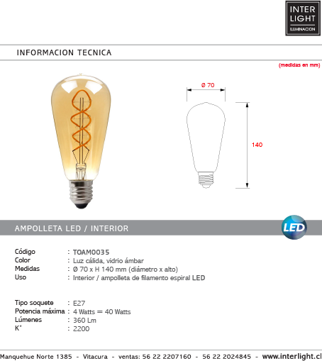 Ampolleta vintage ambar luz cálida LED 4W E27 - TOAM0035