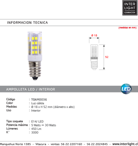 Ampolleta luz cálida LED 5W E14 - TOAM0036