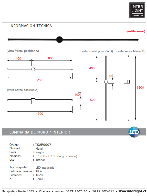 Apliqué metal negro luz indirecta 120 mt. LED 18W - TOAP0007