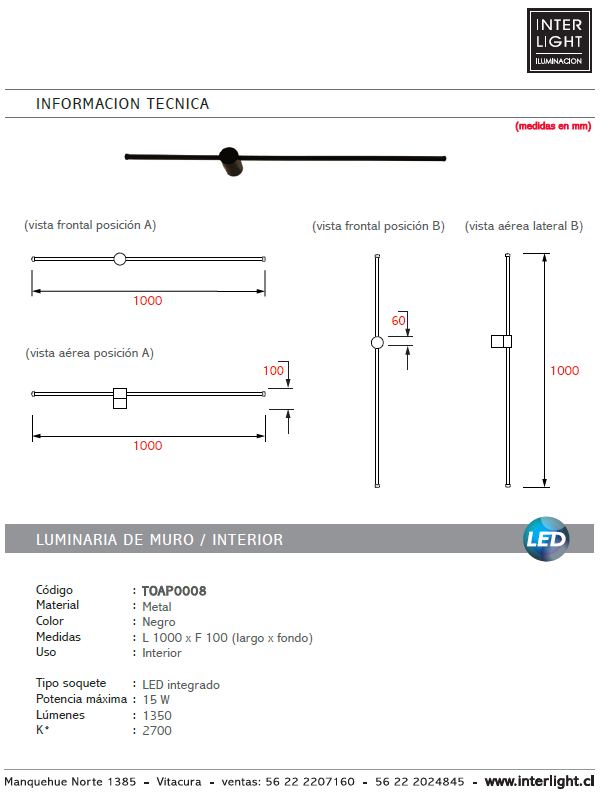 Apliqué metal negro luz indirecta 1,00 mt. LED 15W - TOAP0008