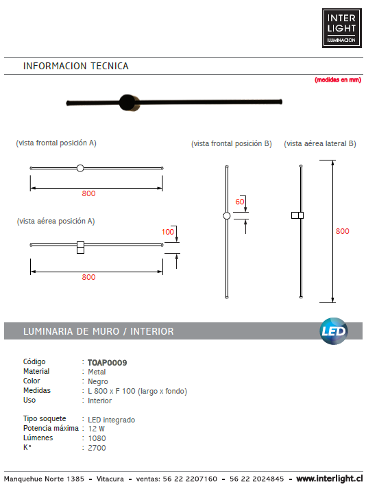 Aplique luz indirecta metal negro LED 12 W - TOAP0009