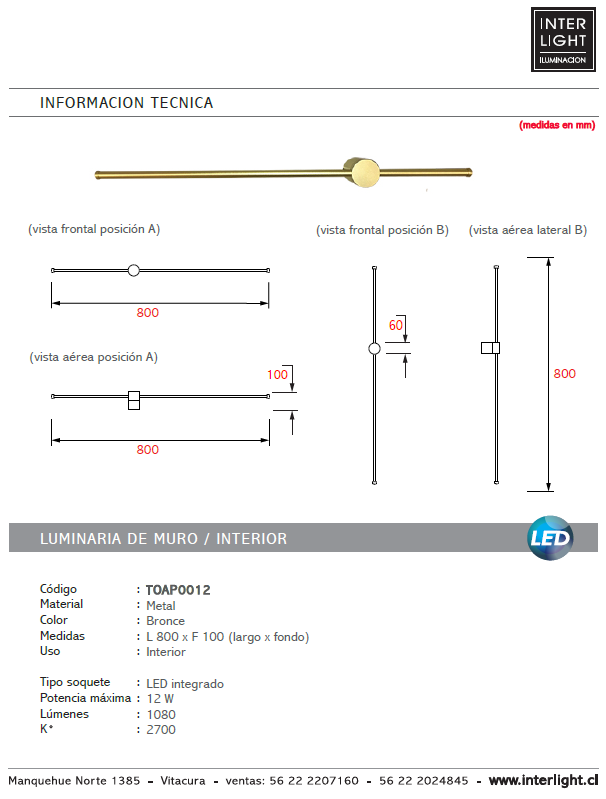 Apliqué metal bronce luz indirecta 80 cm LED 12W - TOAP0012