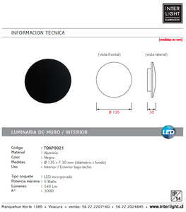 Apliqué metal negro luz indirecta eclipse Ø 13,5 cm LED 6W - TOAP0021