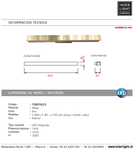 Apliqué metal oro luz indirecta 60 cm LED 18W - TOAP0023