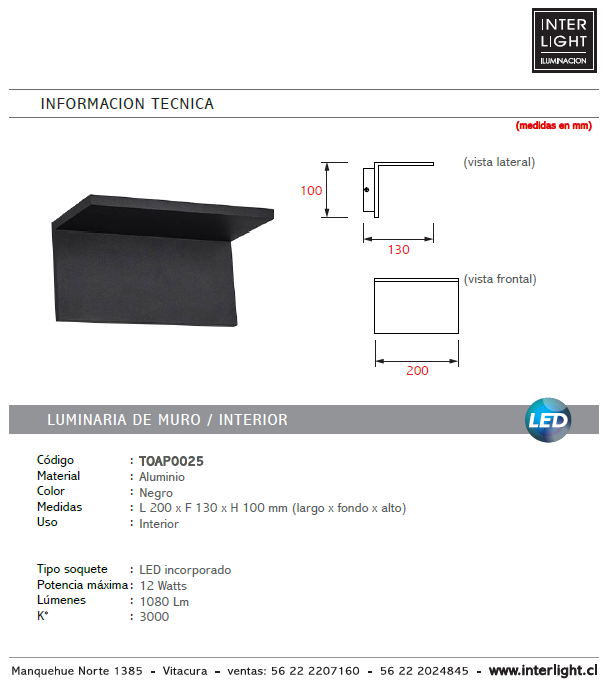 Apliqué metal negro luz indirecta 20 x 10 cm LED 12W - TOAP0025