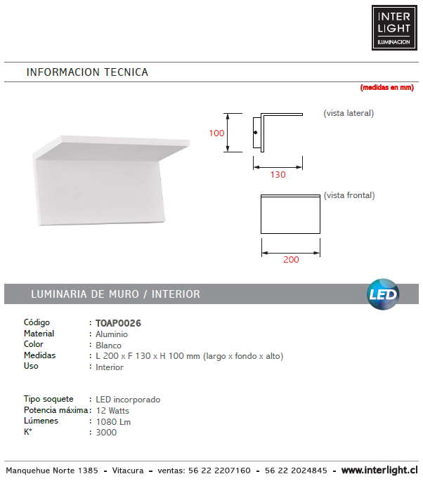 Apliqué metal blanco luz indirecta 20x10 cm LED 12W - TOAP0026