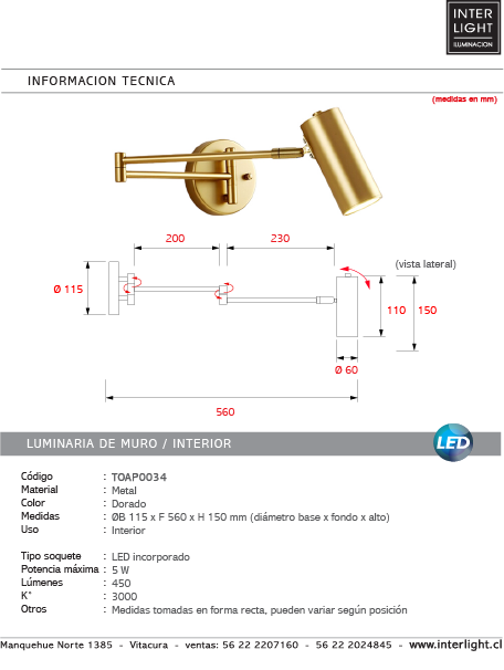 Apliqué metal dorado articulado Ø11,5 cm LED  5W - TOAP0034