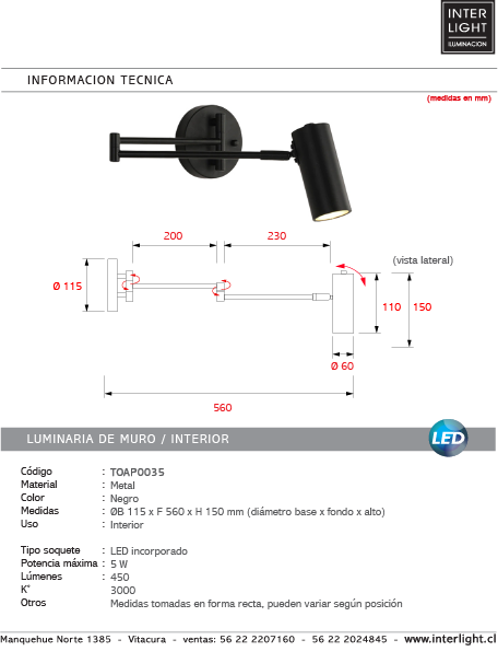 Apliqué metal negro articulado Ø11,5 cm LED 5W - TOAP0035