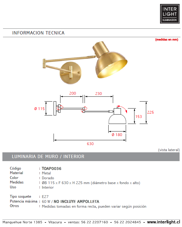 Apliqué metal dorado articulado E27 - TOAP0036