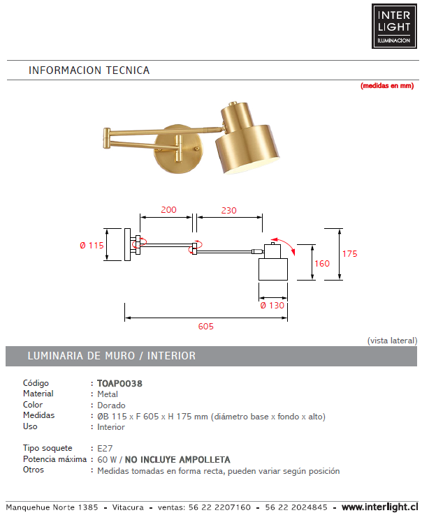 Aplique metal dorado articulado E27 - TOAP0038