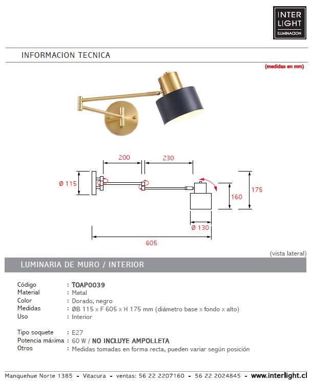 Apliqué metal negro dorado articulado E27 - TOAP0039