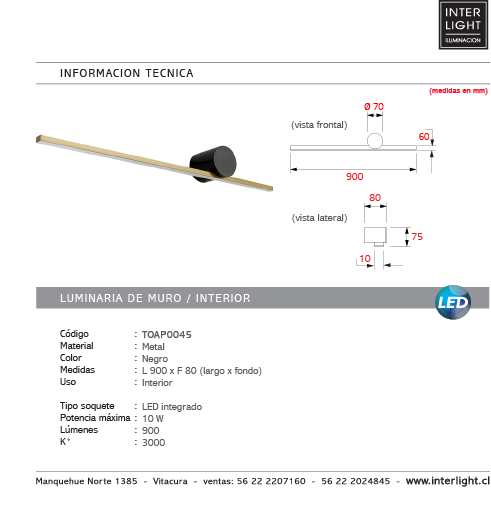Apliqué lineal aluminio negro oro luz indirecta 90 cm LED - TOAP0045