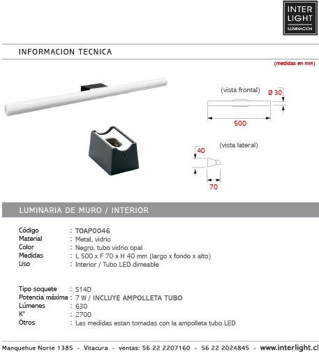 Apliqué tubo vidrio dimeable opal base negra Ø3x50 cm 7W - TOAP0046