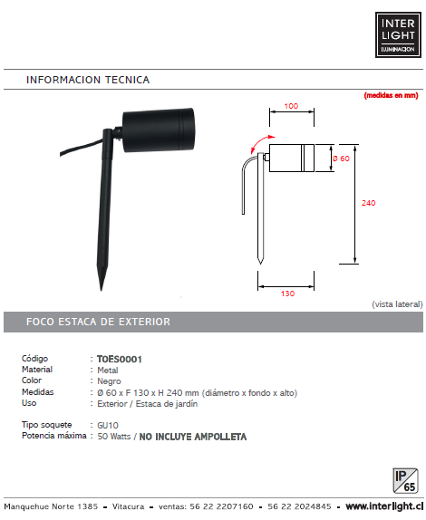 Estaca jardín metal negro IP65 Ø 6x24 cm GU10 - TOES0001