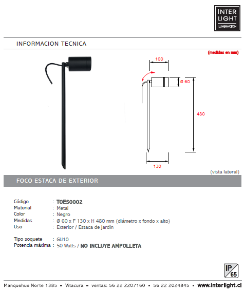 Estaca jardín metal negro IP65 Ø 6x48 cm GU10 - TOES0002