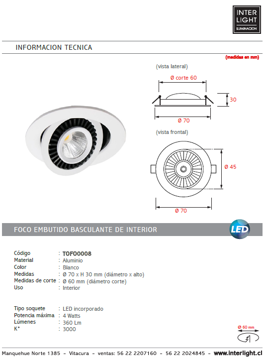 Foco embutido aluminio blanco Ø 7 cm LED 4W - TOFO0008