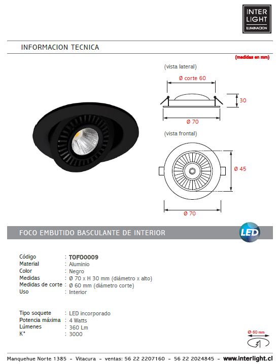 Foco embutido aluminio negro Ø 7 cm LED 4W - TOFO0009