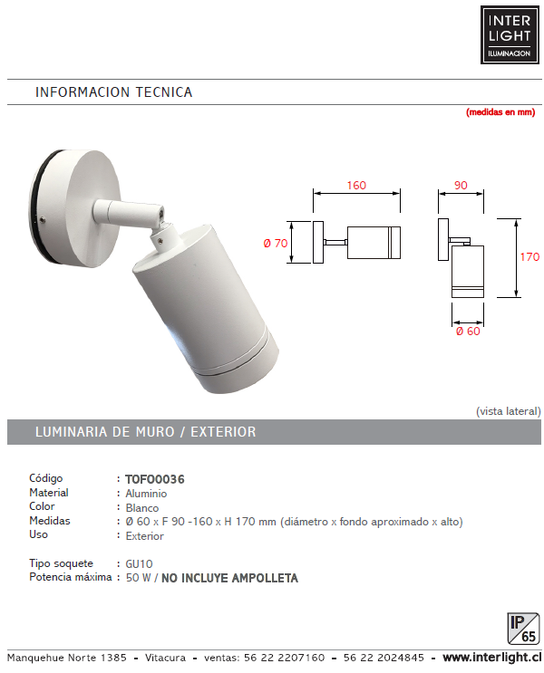 Foco aluminio exterior blanco IP65 Ø 6x17 cm GU10 - TOFO0036