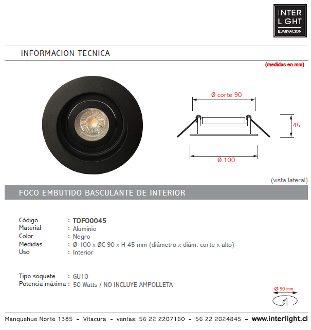 Foco embutido aluminio negro Ø 10 cm GU10 - TOFO0045