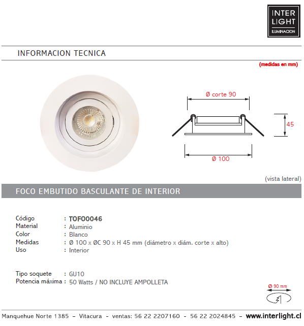 Foco embutido aluminio blanco Ø 10 cm GU10 - TOFO0046