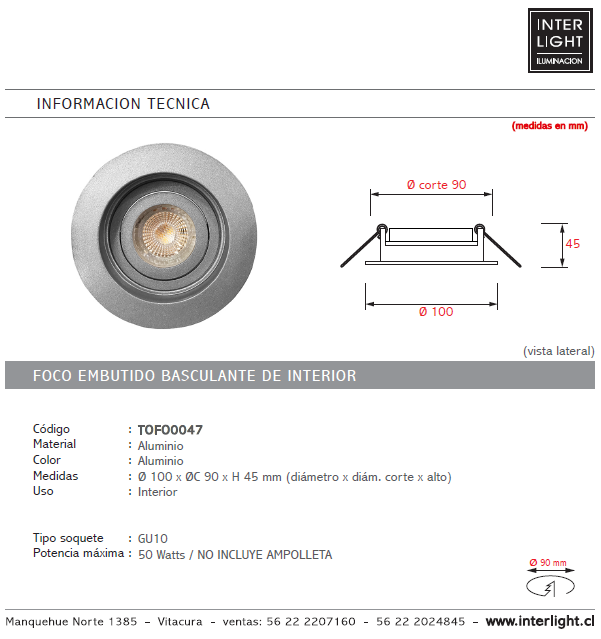 Foco embutido aluminio Ø 10 cm GU10 - TOFO0047