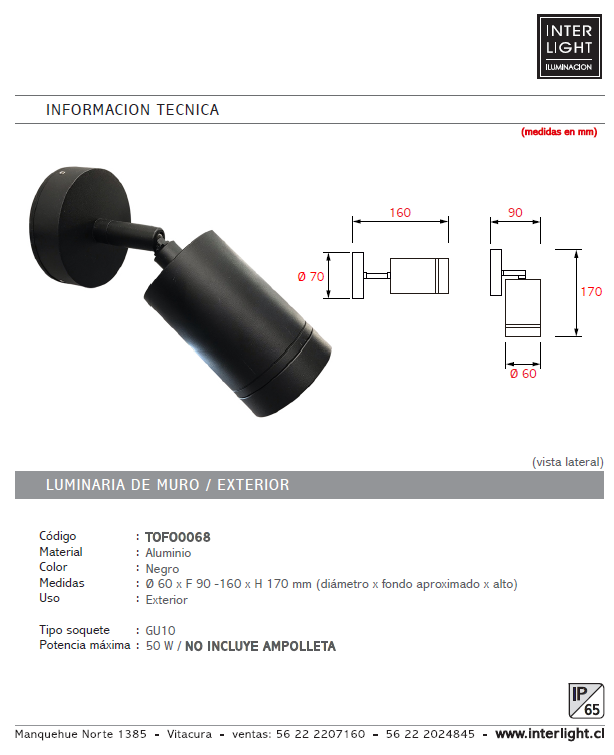 Foco aluminio exterior negro IP65 Ø 6x17 cm GU10 - TOFO0068