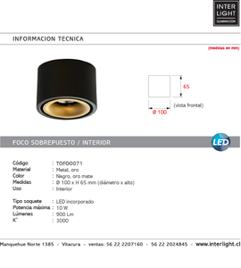 Foco sobrepuesto dimeable metal negro oro Ø10 x 6,5  LED 10 W - TOFO0071