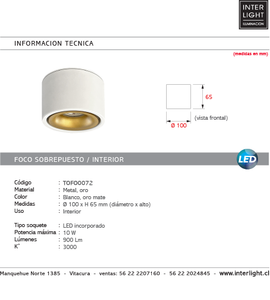 Foco sobrepuesto dimeable metal blanco oro Ø10 x 6,5 LED 10 W - TOFO0072