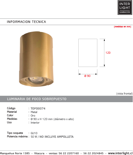 Foco metal oro Ø 9,0x12 cm GU10 - TOFO0074