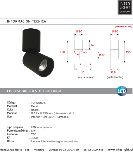 Foco sobrepuesto dirigible metal dimeable negro Ø 6,3x15 cm LED 8W - TOFO0075