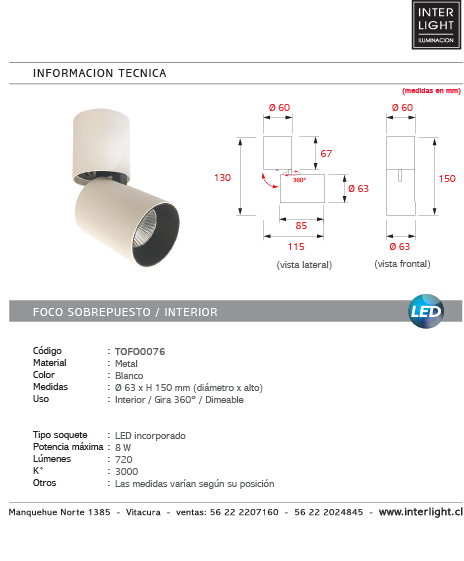 Foco sobrepuesto dirigible metal dimeable blanco Ø6,3x15 cm LED 8W - TOFO0076
