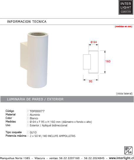 Foco blanco bidireccional Ø6,4x9,5x16 cm2 luces GU10 - TOFO0077