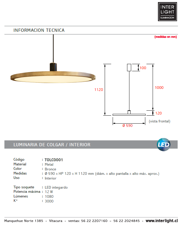 Lámpara colgante metal bronce Ø 59x1,120 cm LED 12W - TOLC0001