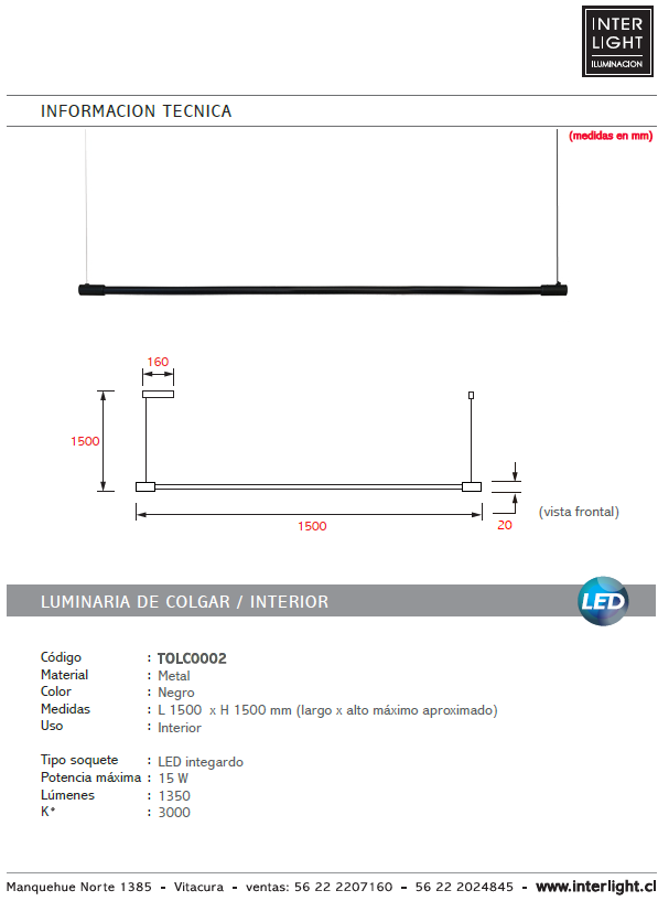Lámpara colgante metal negro 150 cm LED 15W - TOLC0002