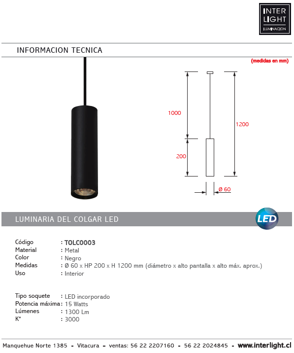Lámpara colgante metal negro Ø6 cm LED 15W - TOLC0003