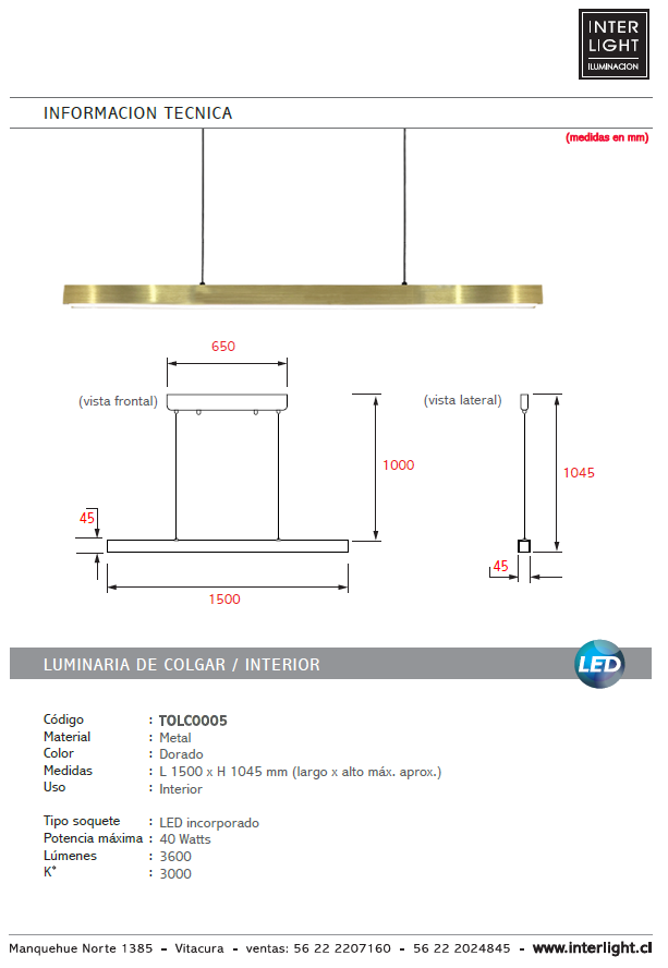 Lámpara colgante metal dorado 1,50 cm LED 40W - TOLC0005
