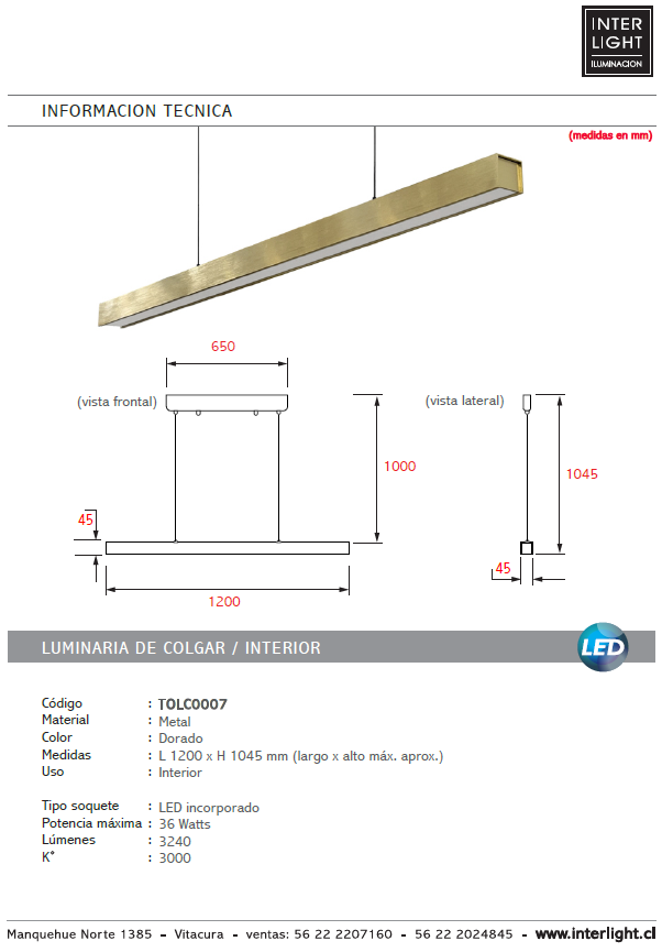 Lámpara colgante metal dorado 120 cm LED 40W - TOLC0007