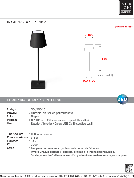 Lámpara sobremesa aluminio negro Ø 10,5x38 cm LED 3,5 W - TOLS0010