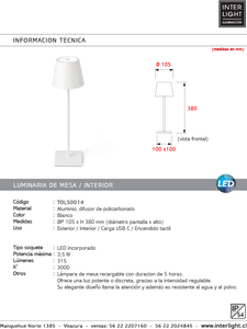 Lámpara sobremesa aluminio blanco Ø 10,5x38 cm LED 3,5 W - TOLS0014