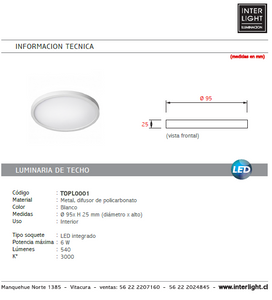 Plafón metal blanco Ø 9,5 cm LED 6W - TOPL0001